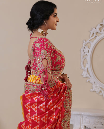 Yellow & Pink Pochampally Silk saree with Border Embroidery & Readymade Blouse