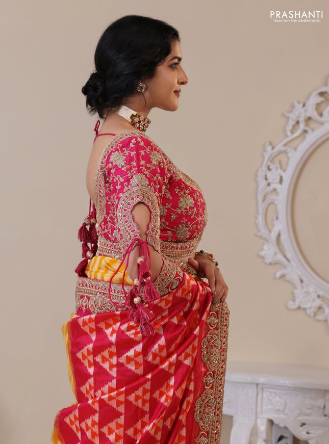 Yellow & Pink Pochampally Silk saree with Border Embroidery & Readymade Blouse