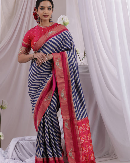 Blue & Pink Pochampally Silk saree with Border Embroidery & Readymade Blouse