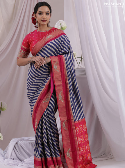 Blue & Pink Pochampally Silk saree with Border Embroidery & Readymade Blouse