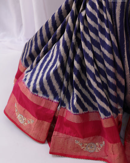 Blue & Pink Pochampally Silk saree with Border Embroidery & Readymade Blouse