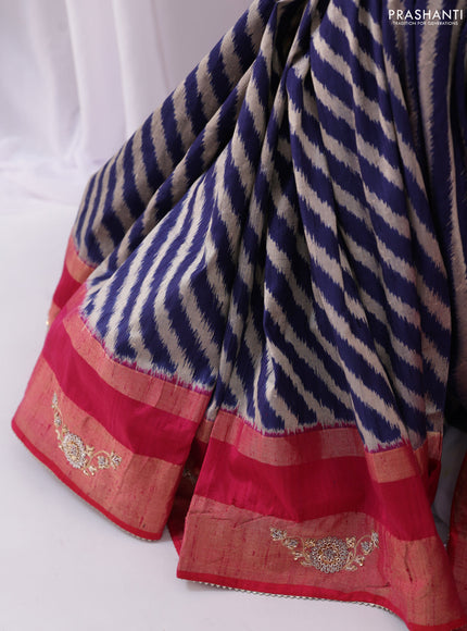 Blue & Pink Pochampally Silk saree with Border Embroidery & Readymade Blouse