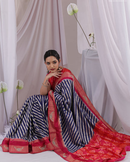 Blue & Pink Pochampally Silk saree with Border Embroidery & Readymade Blouse