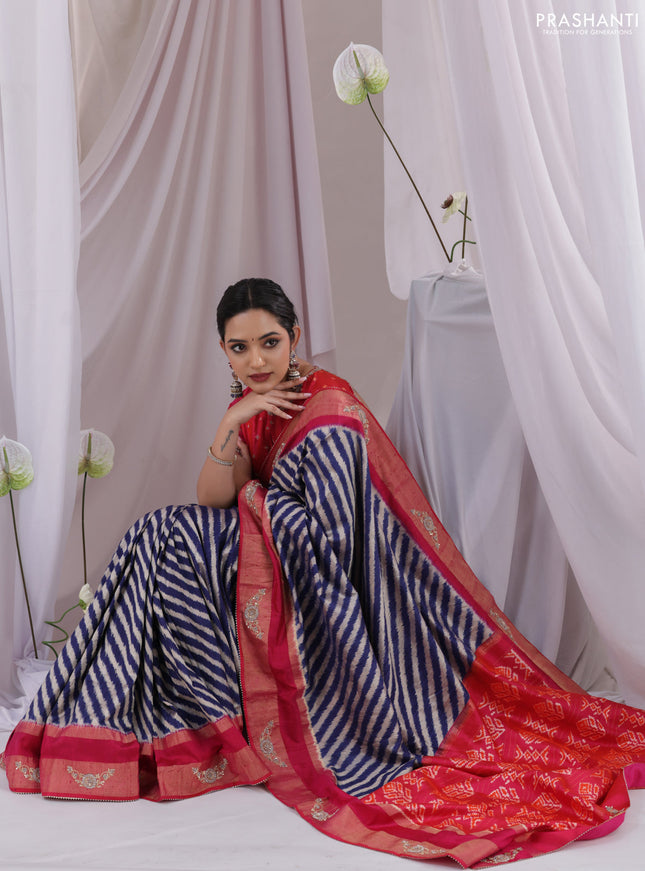 Blue & Pink Pochampally Silk saree with Border Embroidery & Readymade Blouse