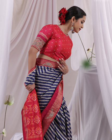 Blue & Pink Pochampally Silk saree with Border Embroidery & Readymade Blouse