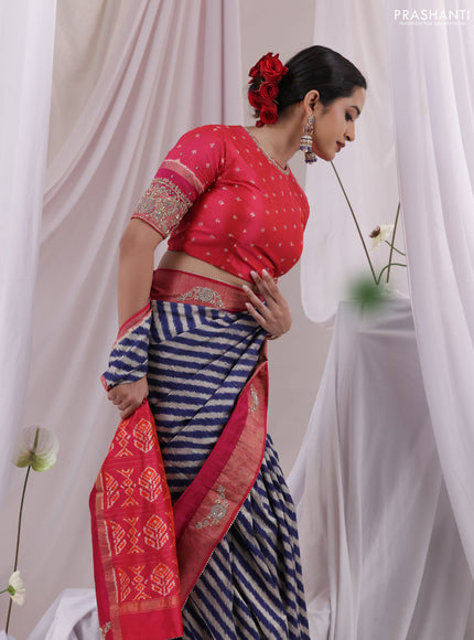 Blue & Pink Pochampally Silk saree with Border Embroidery & Readymade Blouse