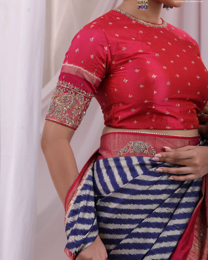 Blue & Pink Pochampally Silk saree with Border Embroidery & Readymade Blouse