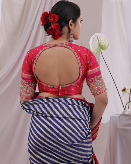 Blue & Pink Pochampally Silk saree with Border Embroidery & Readymade Blouse