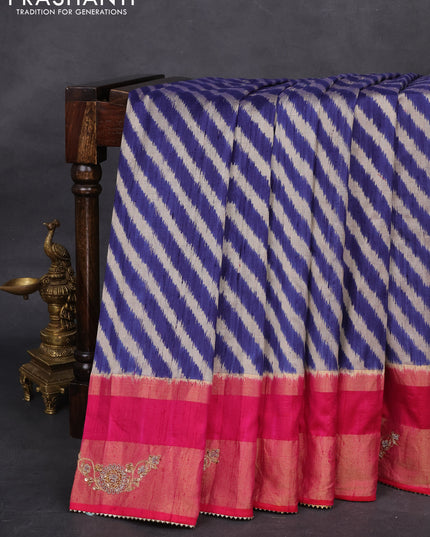 Blue & Pink Pochampally Silk saree with Border Embroidery & Readymade Blouse