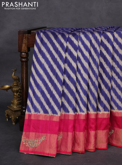 Blue & Pink Pochampally Silk saree with Border Embroidery & Readymade Blouse