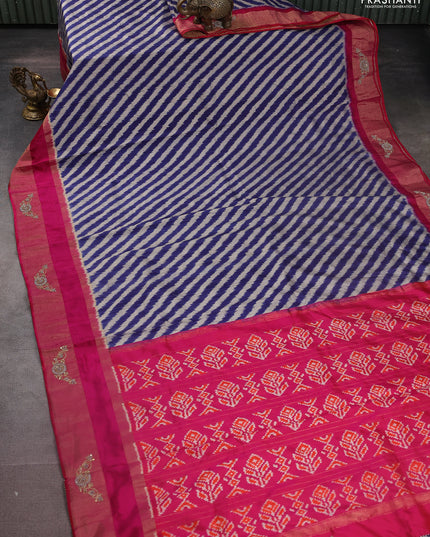 Blue & Pink Pochampally Silk saree with Border Embroidery & Readymade Blouse