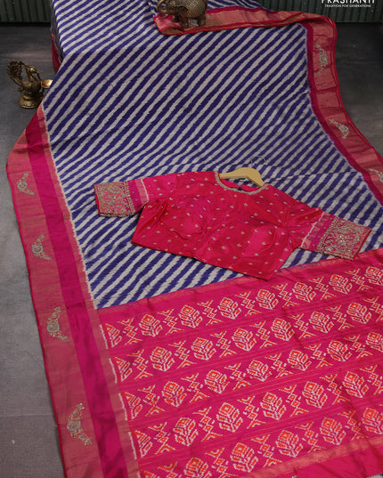 Blue & Pink Pochampally Silk saree with Border Embroidery & Readymade Blouse