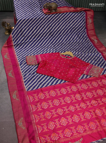 Blue & Pink Pochampally Silk saree with Border Embroidery & Readymade Blouse