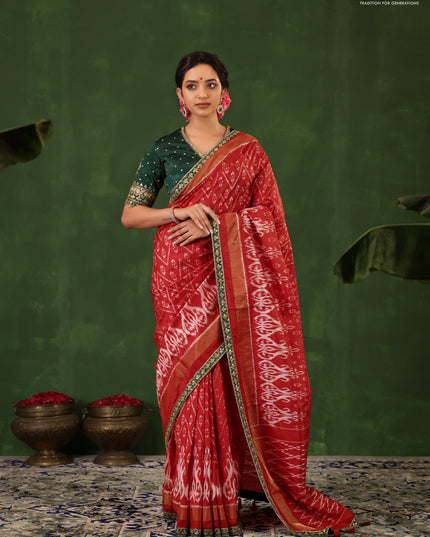 Red & Dark Green Pochampally Silk saree with Border Embroidery & Readymade Blouse