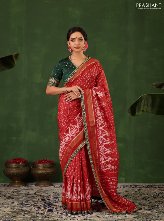 Red & Dark Green Pochampally Silk saree with Border Embroidery & Readymade Blouse