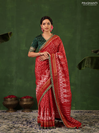 Red & Dark Green Pochampally Silk saree with Border Embroidery & Readymade Blouse