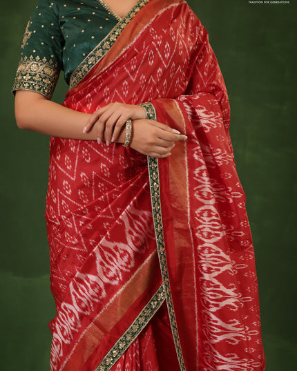 Red & Dark Green Pochampally Silk saree with Border Embroidery & Readymade Blouse