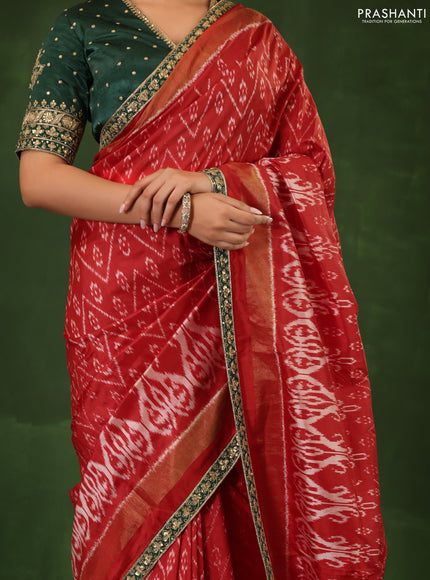 Red & Dark Green Pochampally Silk saree with Border Embroidery & Readymade Blouse