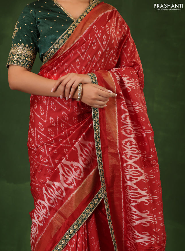 Red & Dark Green Pochampally Silk saree with Border Embroidery & Readymade Blouse
