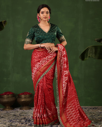 Red & Dark Green Pochampally Silk saree with Border Embroidery & Readymade Blouse