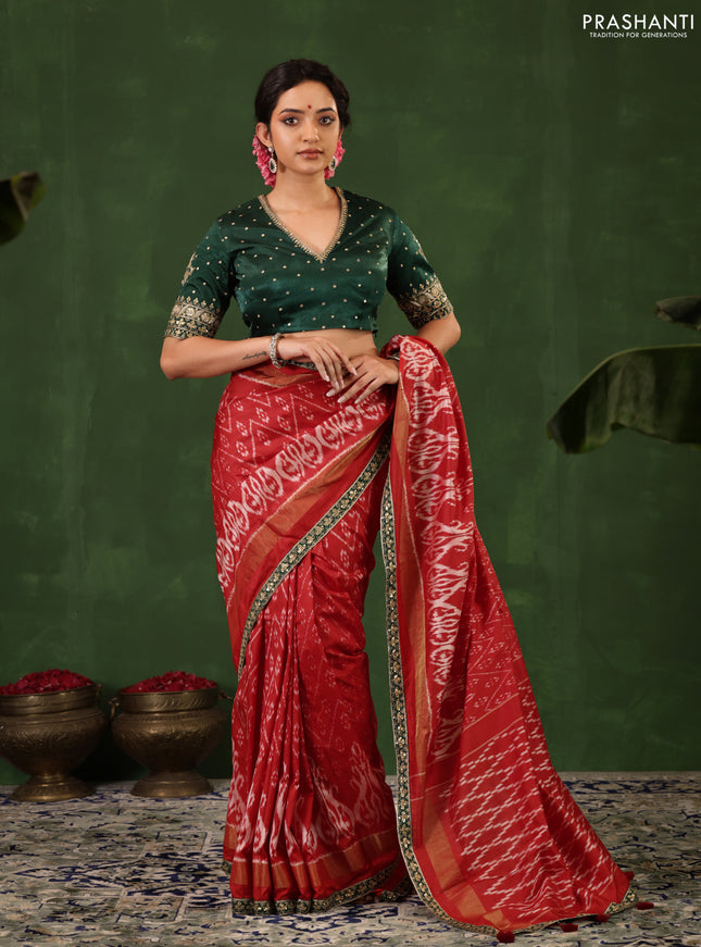 Red & Dark Green Pochampally Silk saree with Border Embroidery & Readymade Blouse