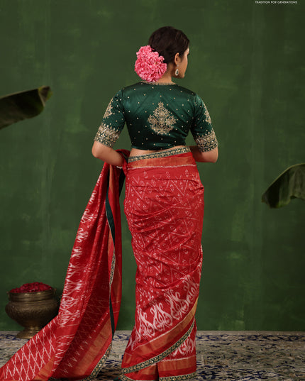 Red & Dark Green Pochampally Silk saree with Border Embroidery & Readymade Blouse