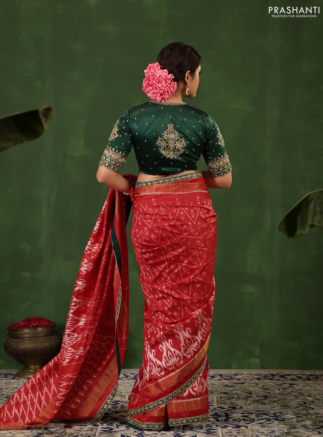 Red & Dark Green Pochampally Silk saree with Border Embroidery & Readymade Blouse