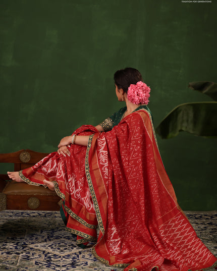 Red & Dark Green Pochampally Silk saree with Border Embroidery & Readymade Blouse
