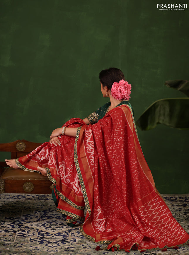 Red & Dark Green Pochampally Silk saree with Border Embroidery & Readymade Blouse