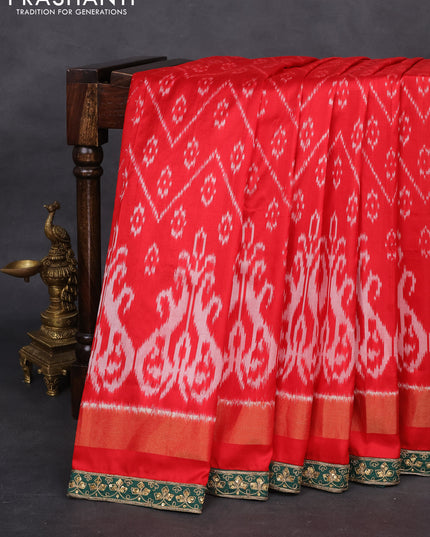 Red & Dark Green Pochampally Silk saree with Border Embroidery & Readymade Blouse