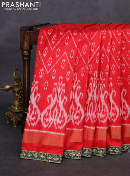 Red & Dark Green Pochampally Silk saree with Border Embroidery & Readymade Blouse