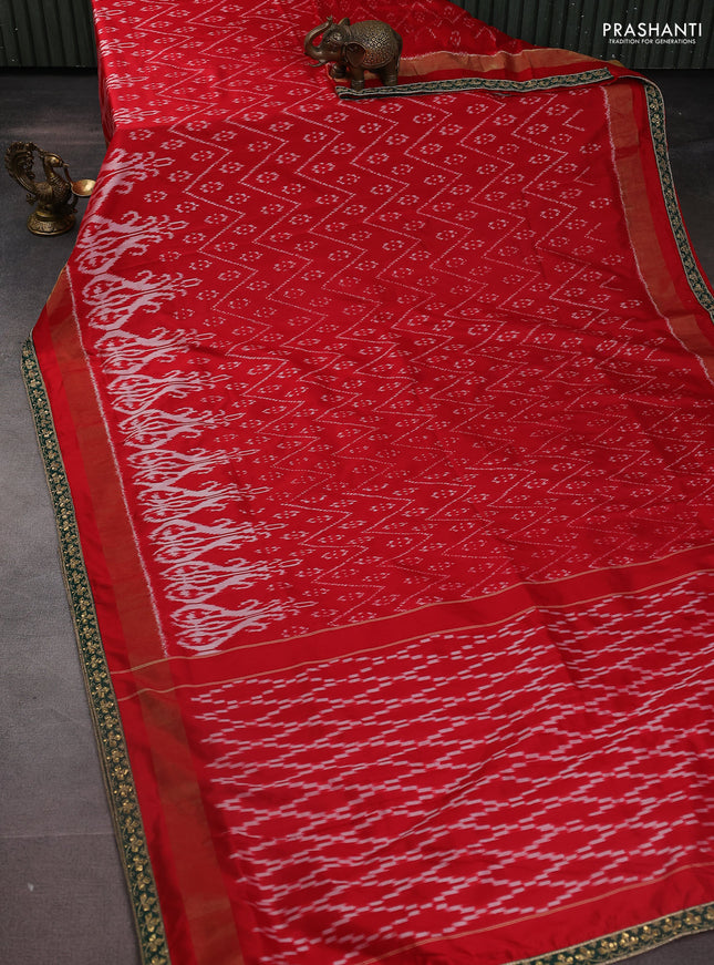 Red & Dark Green Pochampally Silk saree with Border Embroidery & Readymade Blouse
