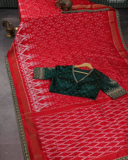 Red & Dark Green Pochampally Silk saree with Border Embroidery & Readymade Blouse