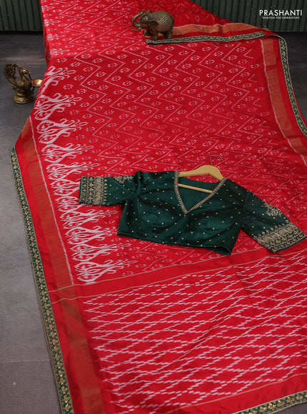 Red & Dark Green Pochampally Silk saree with Border Embroidery & Readymade Blouse