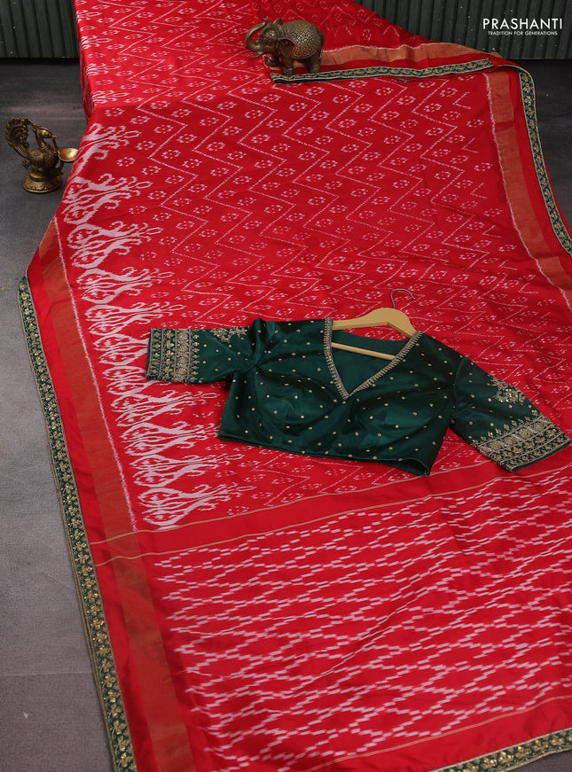 Red & Dark Green Pochampally Silk saree with Border Embroidery & Readymade Blouse
