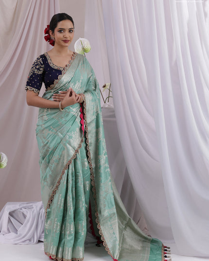 Teal Shade-Navy Blue Chiniya silk Saree with silver zari weaves & Embroidery Readymade Blouse