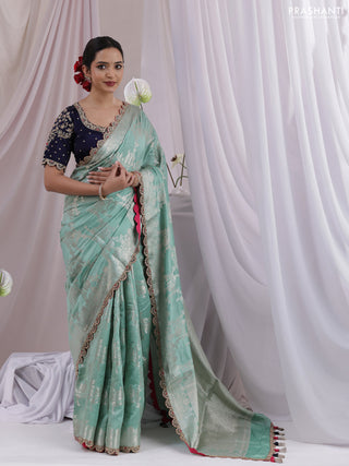 Teal Shade-Navy Blue Chiniya silk Saree with silver zari weaves & Embroidery Readymade Blouse