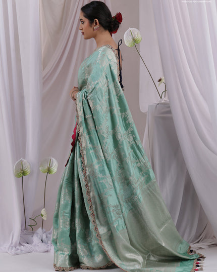 Teal Shade-Navy Blue Chiniya silk Saree with silver zari weaves & Embroidery Readymade Blouse