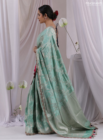 Teal Shade-Navy Blue Chiniya silk Saree with silver zari weaves & Embroidery Readymade Blouse