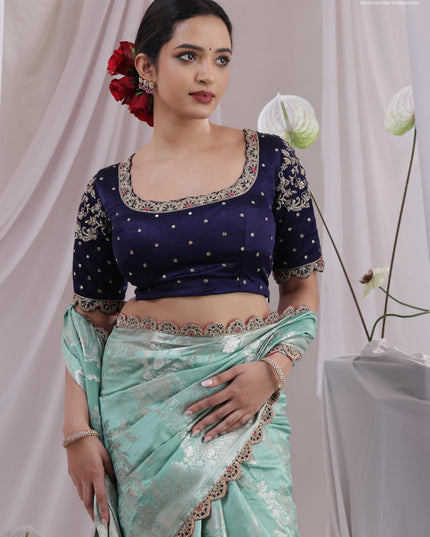 Teal Shade-Navy Blue Chiniya silk Saree with silver zari weaves & Embroidery Readymade Blouse