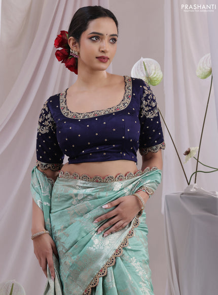 Teal Shade-Navy Blue Chiniya silk Saree with silver zari weaves & Embroidery Readymade Blouse