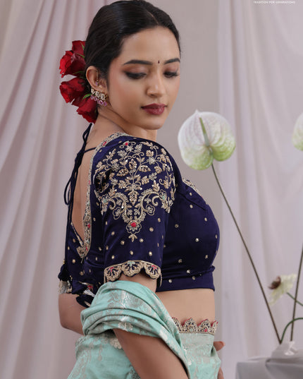 Teal Shade-Navy Blue Chiniya silk Saree with silver zari weaves & Embroidery Readymade Blouse