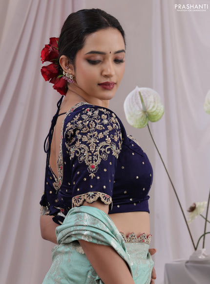 Teal Shade-Navy Blue Chiniya silk Saree with silver zari weaves & Embroidery Readymade Blouse