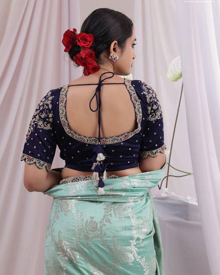 Teal Shade-Navy Blue Chiniya silk Saree with silver zari weaves & Embroidery Readymade Blouse