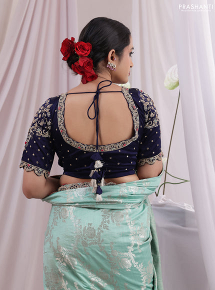 Teal Shade-Navy Blue Chiniya silk Saree with silver zari weaves & Embroidery Readymade Blouse