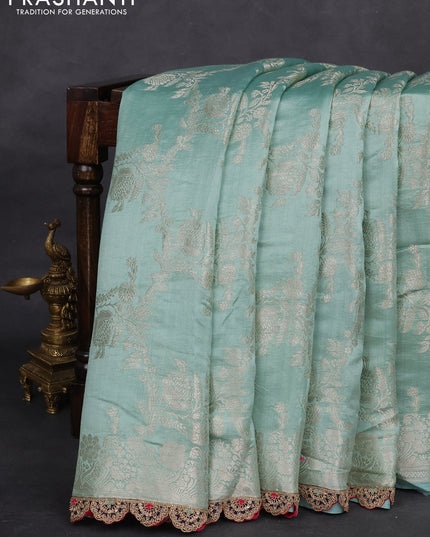 Teal Shade-Navy Blue Chiniya silk Saree with silver zari weaves & Embroidery Readymade Blouse