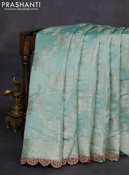 Teal Shade-Navy Blue Chiniya silk Saree with silver zari weaves & Embroidery Readymade Blouse