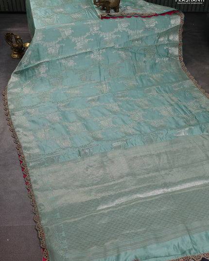 Teal Shade-Navy Blue Chiniya silk Saree with silver zari weaves & Embroidery Readymade Blouse