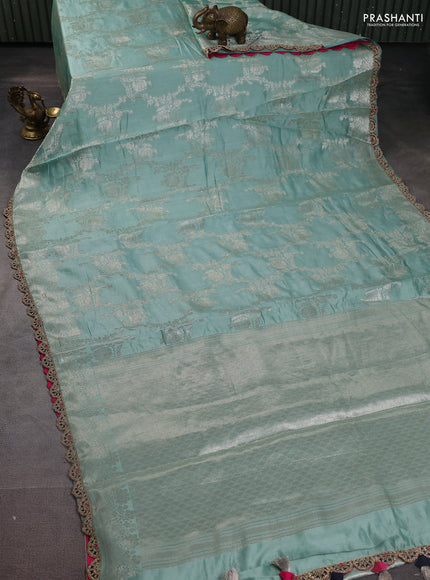 Teal Shade-Navy Blue Chiniya silk Saree with silver zari weaves & Embroidery Readymade Blouse