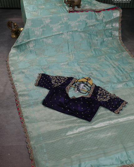 Teal Shade-Navy Blue Chiniya silk Saree with silver zari weaves & Embroidery Readymade Blouse